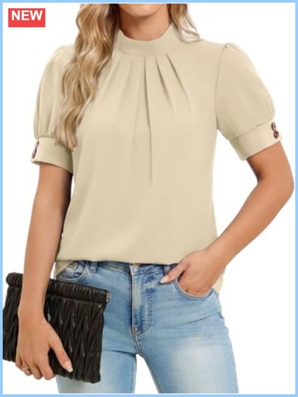 Womens Short Puff Sleeve Mock Neck Pleated Blouse Business Work Top